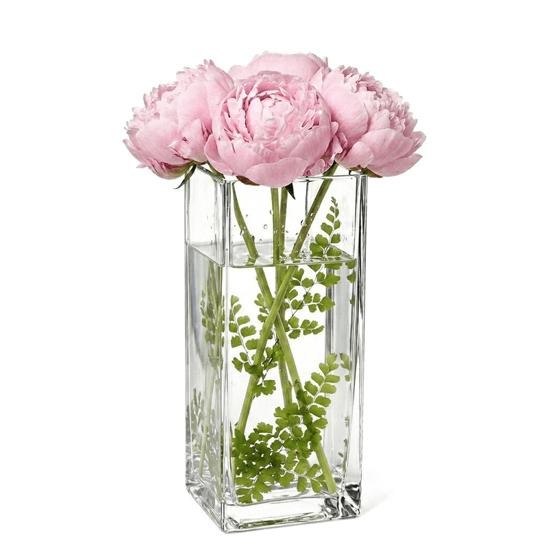 Clear 12" square vase filled with water, green foliage, and light pink peonies - thumbnail number 6