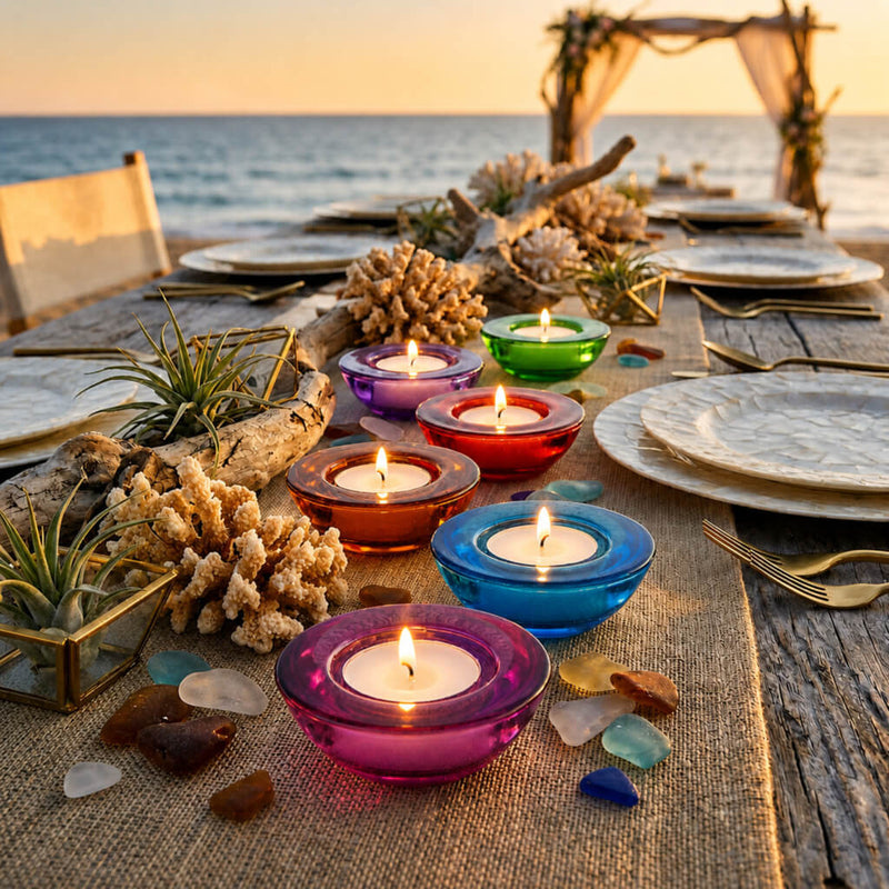 Romantic beach tablescape with colorful tealight candle holders and ocean sunset view - thumbnail number 10