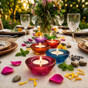 Garden party table featuring a centerpiece of multi-colored tealight holders - thumbnail number 11