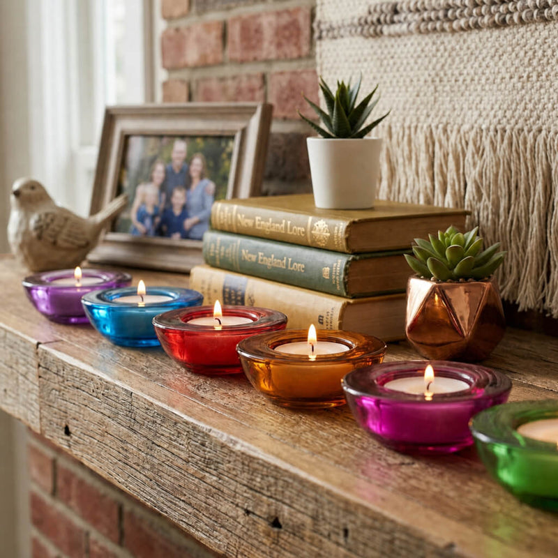 Colorful glass tealight holders glowing on wooden shelf with decor - thumbnail number 14