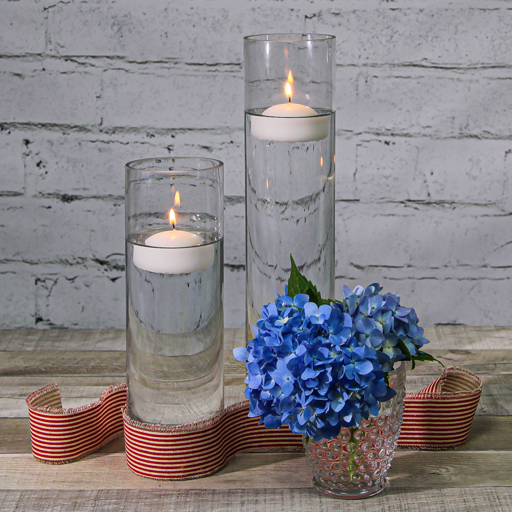 12 Slim Pillar Candles and Cylinder Vases