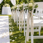 White chairs lining a wedding aisle decorated with linen ribbons and flowers - thumbnail number 2