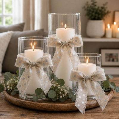 Glass cylinder candles with linen ribbons in a wooden tray - thumbnail number 9