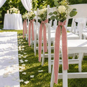 Red and white striped linen ribbons tying small floral bouquets to outdoor white wedding chairs - thumbnail number 2