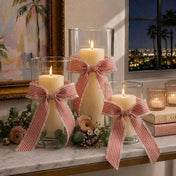 Glass candle holders with pillar candles tied with 2-inch fringed red line linen ribbon bows - thumbnail number 5