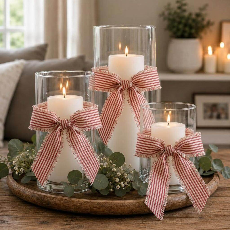 Glass candle holders with pillar candles tied with 2-inch fringed red line linen ribbon bows - thumbnail number 6