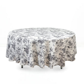 Polyester Round Tablecloth 108" White with French Toile Pattern - Black - By TCF Linen