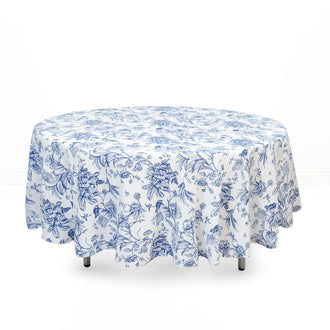Polyester Round Tablecloth 108" White with French Toile Pattern - Blue - By TCF Linen