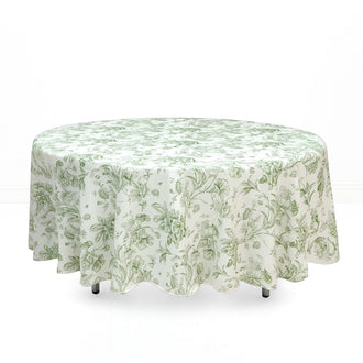 Polyester Round Tablecloth 108" White with French Toile Pattern - Dusty Sage - By TCF Linen