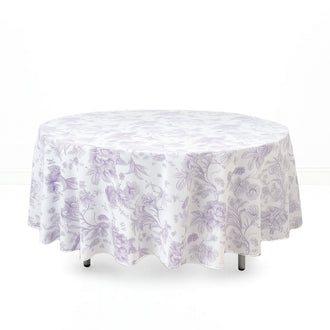 Polyester Round Tablecloth 108" White with French Toile Pattern - Lavender - By TCF Linen