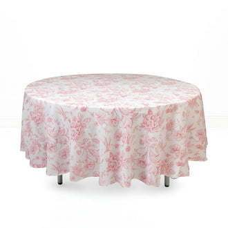 Polyester Round Tablecloth 108" White with French Toile Pattern - Pink - By TCF Linen