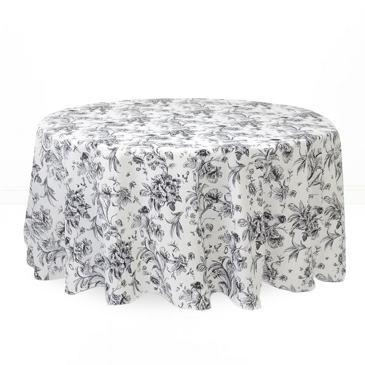 Polyester Round Tablecloth 120" White with French Toile Pattern - By TCF Linen