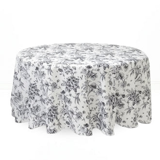 Polyester Round Tablecloth 120" White with French Toile Pattern - Black - By TCF Linen