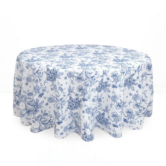 Polyester Round Tablecloth 120" White with French Toile Pattern - Blue - By TCF Linen