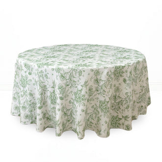 Polyester Round Tablecloth 120" White with French Toile Pattern - Dusty Sage - By TCF Linen