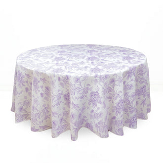 Polyester Round Tablecloth 120" White with French Toile Pattern - Lavender - By TCF Linen