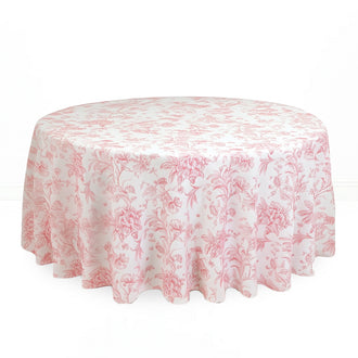 Polyester Round Tablecloth 120" White with French Toile Pattern - Pink - By TCF Linen