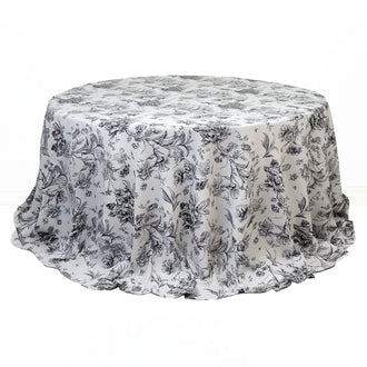 Polyester Round Tablecloth 132" White with French Toile Pattern - Black - By TCF Linen