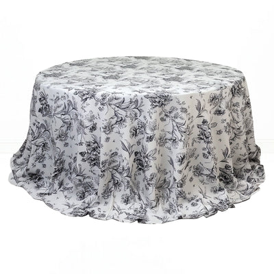 Polyester Round Tablecloth 132" White with French Toile Pattern - Black - By TCF Linen