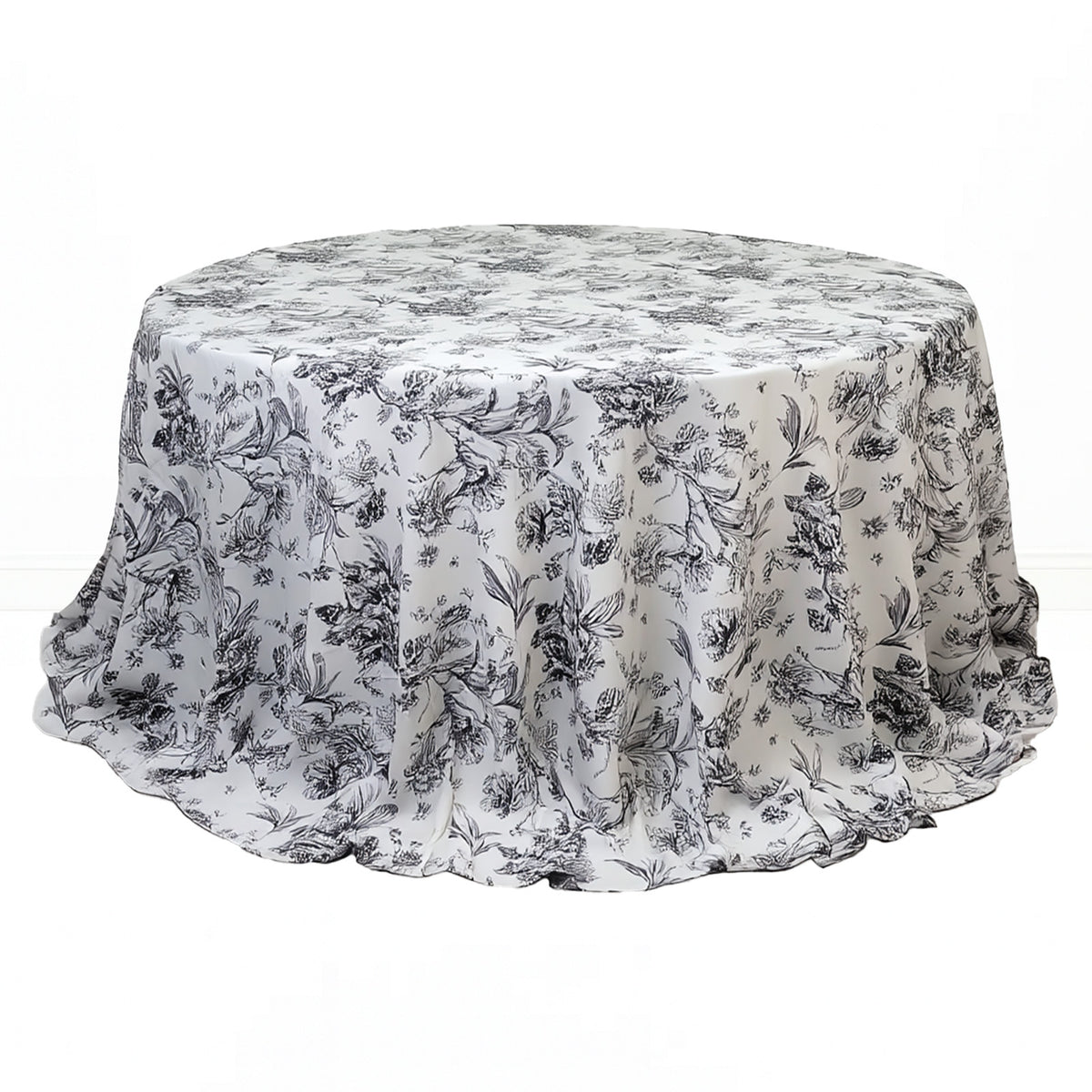 Polyester Round Tablecloth 132" White with French Toile Pattern - By TCF Linen