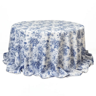 Polyester Round Tablecloth 132" White with French Toile Pattern - Blue - By TCF Linen