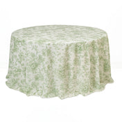 Polyester Round Tablecloth 132" White with French Toile Pattern - Dusty Sage - By TCF Linen - thumbnail number 1