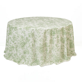 Polyester Round Tablecloth 132" White with French Toile Pattern - Dusty Sage - By TCF Linen