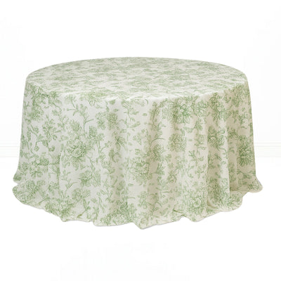 Polyester Round Tablecloth 132" White with French Toile Pattern - Dusty Sage - By TCF Linen