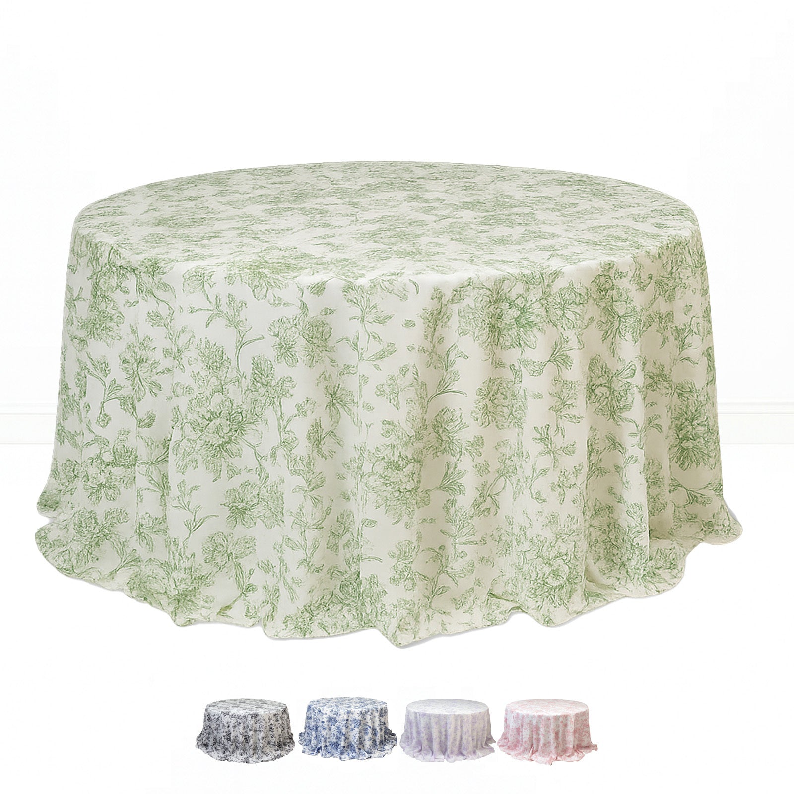 Polyester Round Tablecloth 132" White with French Toile Pattern - By TCF Linen