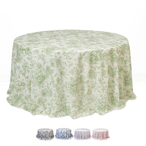 Polyester Round Tablecloth 132" White with French Toile Pattern - By TCF Linen