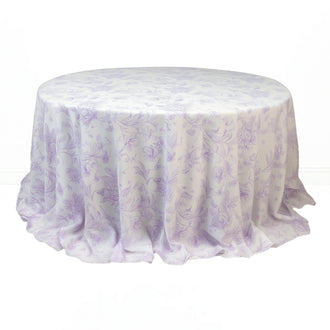 Polyester Round Tablecloth 132" White with French Toile Pattern - Lavender - By TCF Linen