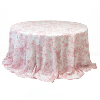 Polyester Round Tablecloth 132" White with French Toile Pattern - Pink - By TCF Linen