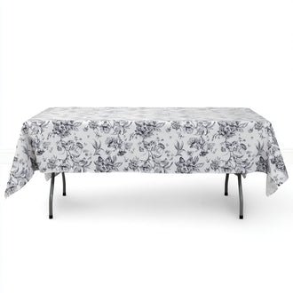 Polyester Rectangular Tablecloth 60"x102" White with French Toile Pattern - Black - By TCF Linen