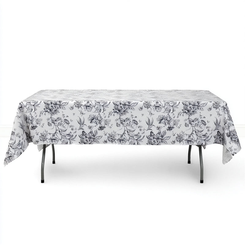 Polyester Rectangular Tablecloth 60"x102" White with French Toile Pattern - Black - By TCF Linen - thumbnail number 1