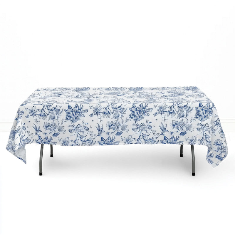 Polyester Rectangular Tablecloth 60"x102" White with French Toile Pattern - Blue - By TCF Linen - thumbnail number 1