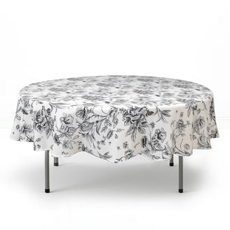 Polyester Round Tablecloth 90" White with French Toile Pattern - Black - By TCF Linen
