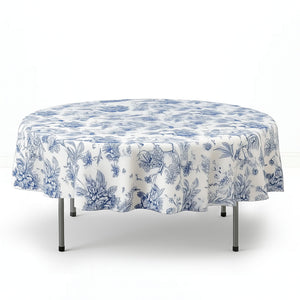 Polyester Round Tablecloth 90" White with French Toile Pattern - By TCF Linen