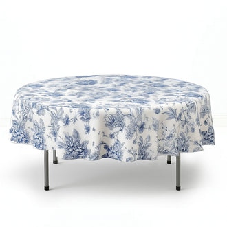 Polyester Round Tablecloth 90" White with French Toile Pattern - Blue - By TCF Linen