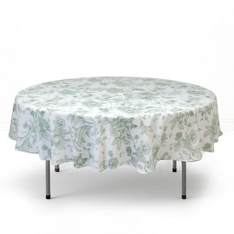 Polyester Round Tablecloth 90" White with French Toile Pattern - Dusty Sage - By TCF Linen