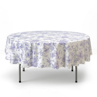 Polyester Round Tablecloth 90" White with French Toile Pattern - Lavender - By TCF Linen