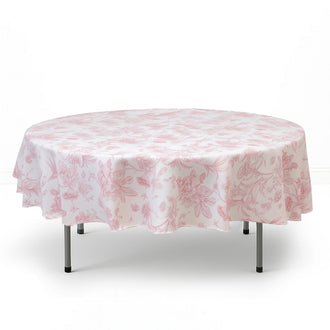 Polyester Round Tablecloth 90" White with French Toile Pattern - Pink - By TCF Linen