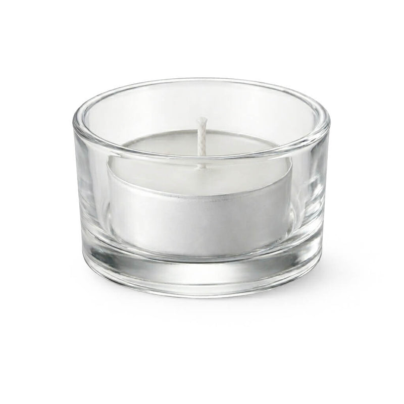 Clear glass round tealight holder with white candle - thumbnail number 1