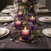 Purple glass votive candle holders on a decorated event table - thumbnail number 6