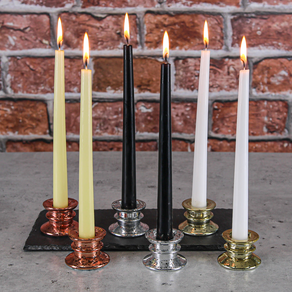 12 Slim Pillar Candles and 12 Glass Pillar Holders