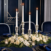 Ribbed Unique Mercury Glass Taper Candle Holder with lit candles on a navy black-tie gala table - thumbnail number 6