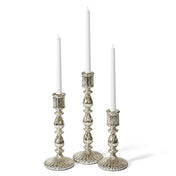 Three Ribbed Unique Mercury Glass Taper Candle Holders in staggered heights with white tapers - thumbnail number 2