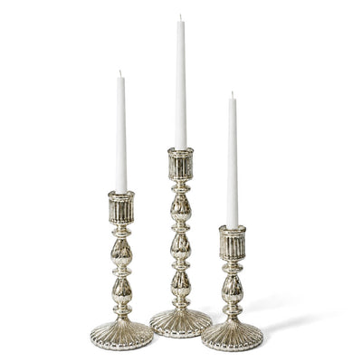 Three Ribbed Unique Mercury Glass Taper Candle Holders in staggered heights with white tapers - thumbnail number 2