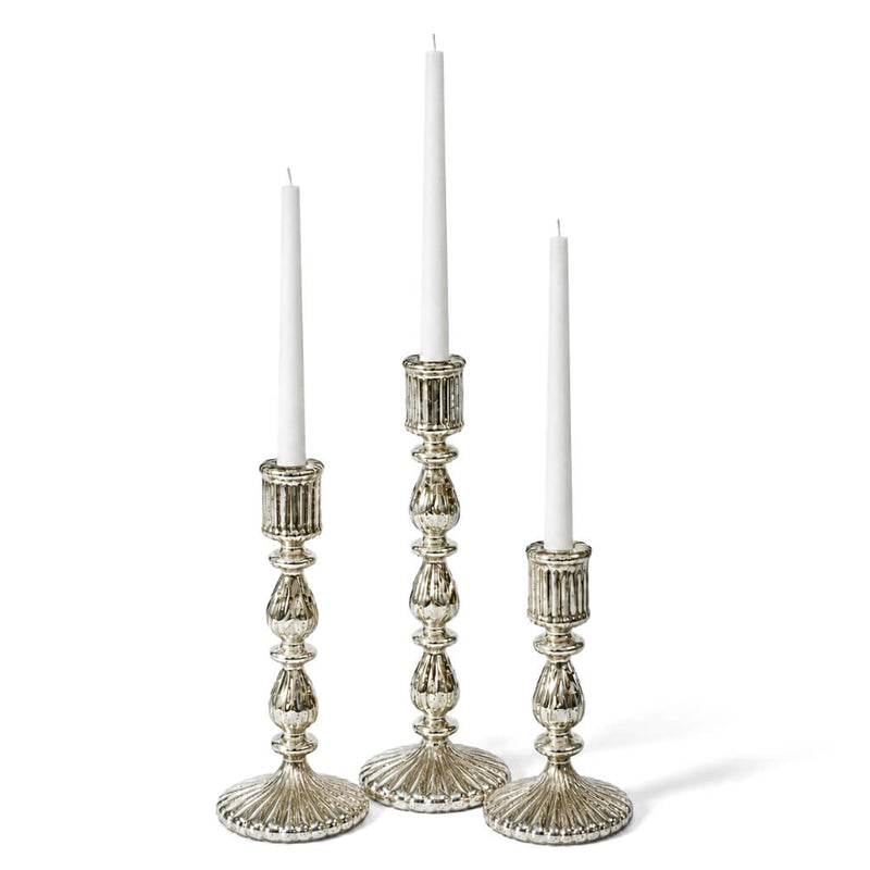 Three Ribbed Unique Mercury Glass Taper Candle Holders in staggered heights with white tapers - thumbnail number 2