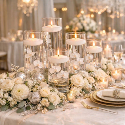 White floating candles in glass cylinders with flowers at a formal wedding reception - thumbnail number 5