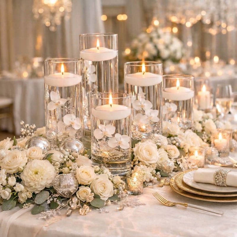 White floating candles in glass cylinders with flowers at a formal wedding reception - thumbnail number 5